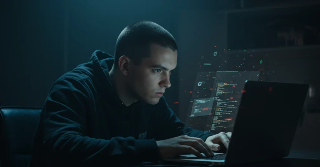 hacker guy traying to invade a system protected with blockchain technology