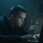 hacker guy traying to invade a system protected with blockchain technology