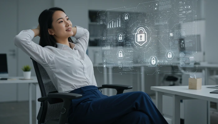 woman feeling safe with encrypted data system protected with blockchain technology